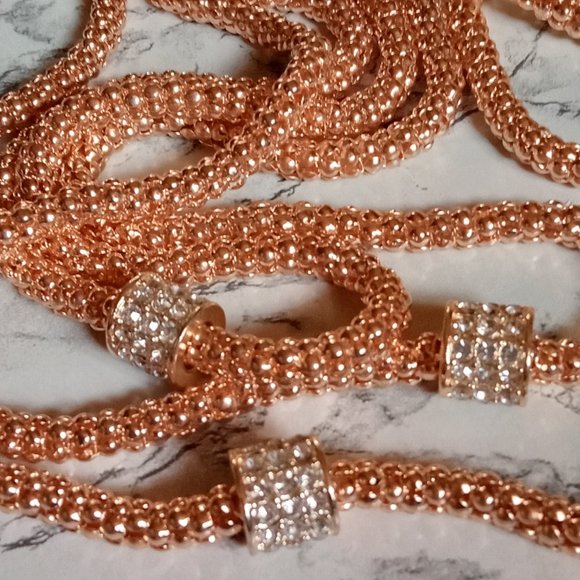 3 Tier Rose Gold Tone Popcorn Chain Each with crystal encrusted rondelle barrel - Picture 12 of 14